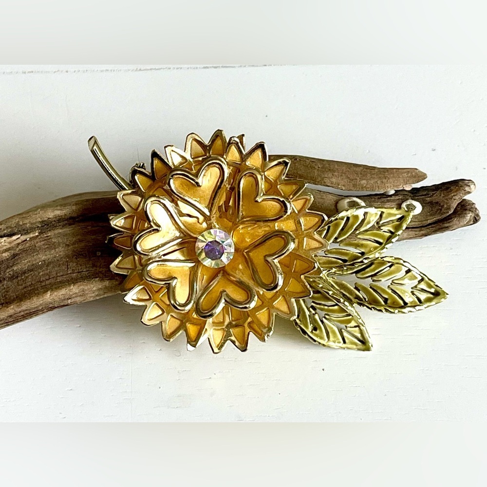 Vintage Coro Floral Brooch Gold Tone Yellow Sunflower Aurora Borealis Rhinestone